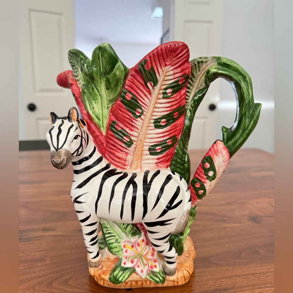 Vintage zebra Tropical Leaf hand-painted Ceramic pitcher, vase, or planter